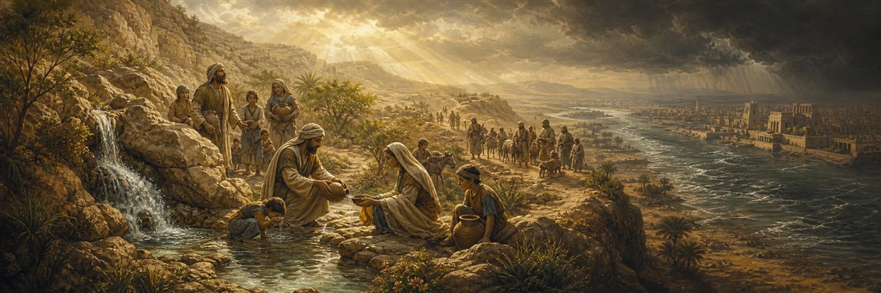 Travelers gather gratefully at a desert spring while a distant river and troubled city lie beneath harsh light